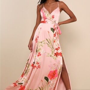 Lulus Still the One Blush Pink Floral Print Satin Maxi Dress